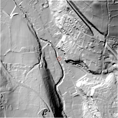 Shaded relief map of the ground around HD97DX, computed from Environment Agency LiDAR. The ground here sits at about 110 m above sea level and falls 90 m across the surrounding 800 m. Surface water reaching this point runs off ground lying to the north-east, 82.1 m higher.