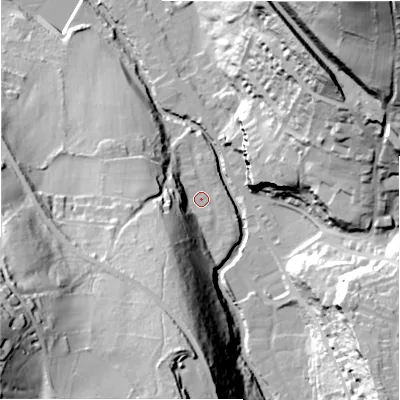 Shaded relief map of the ground around HD97EA, computed from Environment Agency LiDAR. The ground here sits at about 112 m above sea level and falls 83 m across the surrounding 800 m. Surface water reaching this point runs off ground lying to the south-south-west, 37.6 m higher.