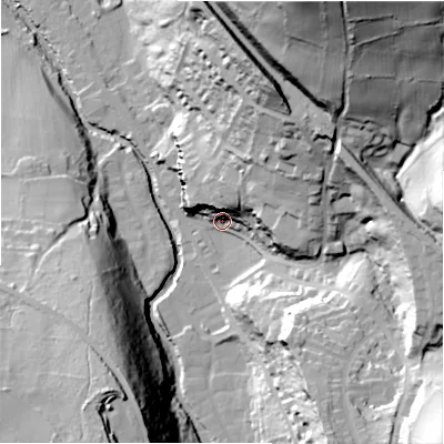 Shaded relief map of the ground around HD97ED, computed from Environment Agency LiDAR. The ground here sits at about 116 m above sea level and falls 84 m across the surrounding 800 m. Surface water reaching this point runs off ground lying to the north-north-east, 75.7 m higher.