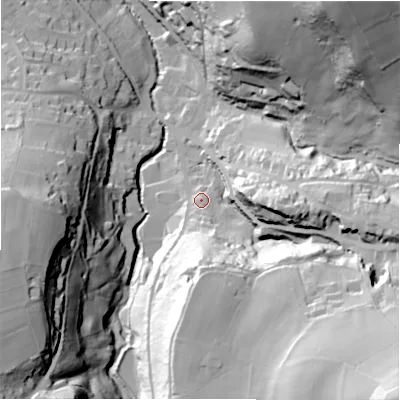Shaded relief map of the ground around HD97EL, computed from Environment Agency LiDAR. The ground here sits at about 155 m above sea level and falls 90 m across the surrounding 800 m. Surface water reaching this point runs off ground lying to the south, 38.9 m higher.