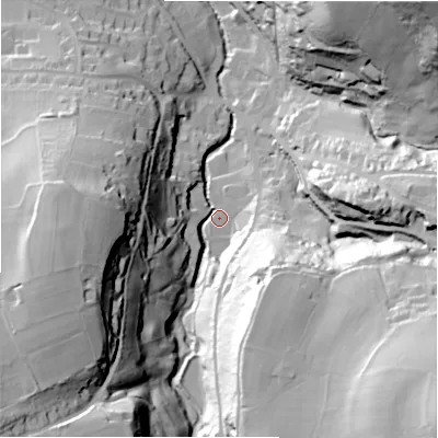 Shaded relief map of the ground around HD97EN, computed from Environment Agency LiDAR. The ground here sits at about 150 m above sea level and falls 76 m across the surrounding 800 m. Surface water reaching this point runs off ground lying to the south-east, 68.1 m higher.