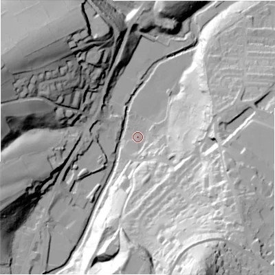 Shaded relief map of the ground around HD97HP, computed from Environment Agency LiDAR. The ground here sits at about 124 m above sea level and falls 89 m across the surrounding 800 m. Surface water reaching this point runs off ground lying to the south-south-east, 62.0 m higher.