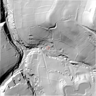 Shaded relief map of the ground around HD97HT, computed from Environment Agency LiDAR. The ground here sits at about 197 m above sea level and falls 127 m across the surrounding 800 m. Surface water reaching this point runs off ground lying to the north-east, 56.1 m higher.