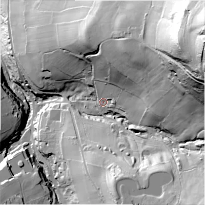 Shaded relief map of the ground around HD97HX, computed from Environment Agency LiDAR. The ground here sits at about 204 m above sea level and falls 139 m across the surrounding 800 m. Surface water reaching this point runs off ground lying to the north-east, 55.4 m higher.