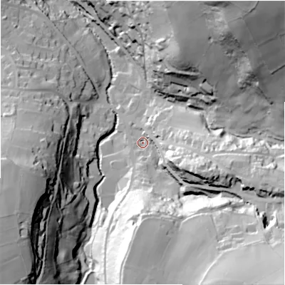 Shaded relief map of the ground around HD97JJ, computed from Environment Agency LiDAR. The ground here sits at about 149 m above sea level and falls 89 m across the surrounding 800 m. Surface water reaching this point runs off ground lying to the south-east, 67.5 m higher.