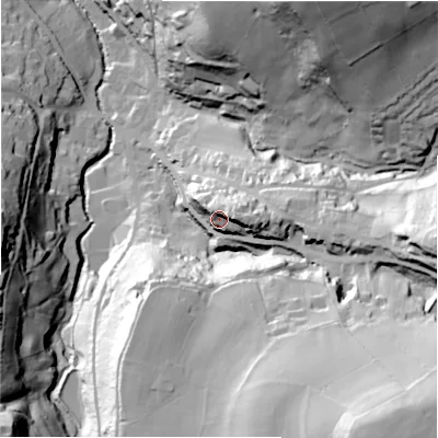 Shaded relief map of the ground around HD97JP, computed from Environment Agency LiDAR. The ground here sits at about 174 m above sea level and falls 90 m across the surrounding 800 m. Surface water reaching this point runs off ground lying to the east, 19.4 m higher.