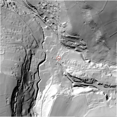Shaded relief map of the ground around HD97JR, computed from Environment Agency LiDAR. The ground here sits at about 153 m above sea level and falls 96 m across the surrounding 800 m. Surface water reaching this point runs off ground lying to the east-south-east, 23.0 m higher.