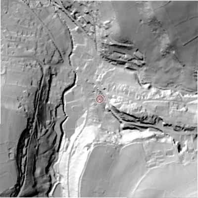 Shaded relief map of the ground around HD97JS, computed from Environment Agency LiDAR. The ground here sits at about 151 m above sea level and falls 86 m across the surrounding 800 m. Surface water reaching this point runs off ground lying to the south-east, 71.8 m higher.