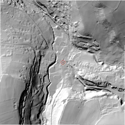 Shaded relief map of the ground around HD97JT, computed from Environment Agency LiDAR. The ground here sits at about 149 m above sea level and falls 95 m across the surrounding 800 m. Surface water reaching this point runs off ground lying to the south-east, 61.4 m higher.