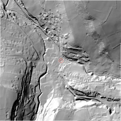 Shaded relief map of the ground around HD97JU, computed from Environment Agency LiDAR. The ground here sits at about 149 m above sea level and falls 104 m across the surrounding 800 m. Surface water reaching this point runs off ground lying to the north-north-east, 89.8 m higher.