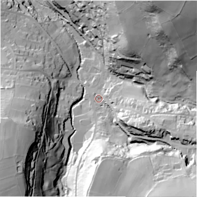 Shaded relief map of the ground around HD97JW, computed from Environment Agency LiDAR. The ground here sits at about 149 m above sea level and falls 95 m across the surrounding 800 m. Surface water reaching this point runs off ground lying to the south-east, 61.7 m higher.