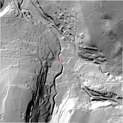 Shaded relief map of the ground around HD97JY, computed from Environment Agency LiDAR. The ground here sits at about 144 m above sea level and falls 103 m across the surrounding 800 m. Surface water reaching this point runs off ground lying to the south-west, 61.0 m higher.