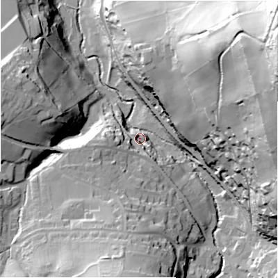Shaded relief map of the ground around HD97LG, computed from Environment Agency LiDAR. The ground here sits at about 144 m above sea level and falls 108 m across the surrounding 800 m. Surface water reaching this point runs off ground lying to the north-east, 100.1 m higher.