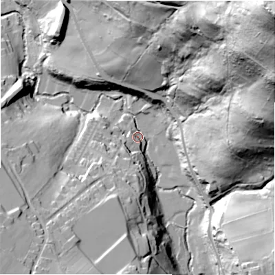 Shaded relief map of the ground around HD97LS, computed from Environment Agency LiDAR. The ground here sits at about 129 m above sea level and falls 156 m across the surrounding 800 m. Surface water reaching this point runs off ground lying to the east-north-east, 84.3 m higher.