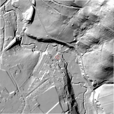 Shaded relief map of the ground around HD97LW, computed from Environment Agency LiDAR. The ground here sits at about 129 m above sea level and falls 146 m across the surrounding 800 m. Surface water reaching this point runs off ground lying to the south-south-west, 38.9 m higher.