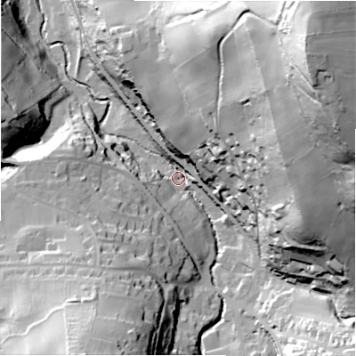 Shaded relief map of the ground around HD97NG, computed from Environment Agency LiDAR. The ground here sits at about 140 m above sea level and falls 115 m across the surrounding 800 m. Surface water reaching this point runs off ground lying to the north-east, 106.6 m higher.