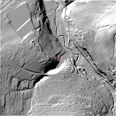 Shaded relief map of the ground around HD97NN, computed from Environment Agency LiDAR. The ground here sits at about 147 m above sea level and falls 77 m across the surrounding 800 m. Surface water reaching this point runs off ground lying to the west, 36.0 m higher.