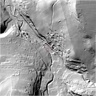 Shaded relief map of the ground around HD97NP, computed from Environment Agency LiDAR. The ground here sits at about 143 m above sea level and falls 115 m across the surrounding 800 m. Surface water reaching this point runs off ground lying to the north-east, 105.9 m higher.