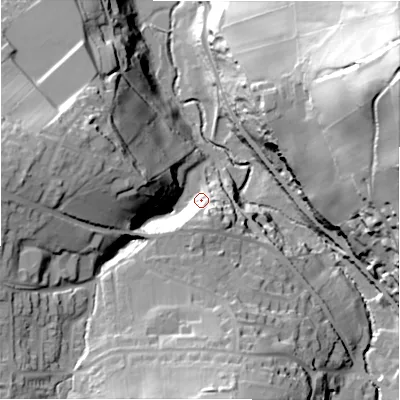 Shaded relief map of the ground around HD97NW, computed from Environment Agency LiDAR. The ground here sits at about 149 m above sea level and falls 84 m across the surrounding 800 m. Surface water reaching this point runs off ground lying to the south, 15.5 m higher.