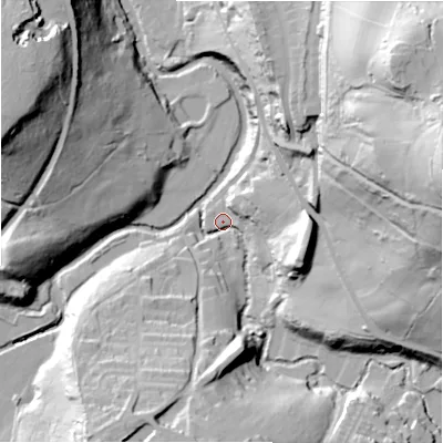 Shaded relief map of the ground around HD97RQ, computed from Environment Agency LiDAR. The ground here sits at about 119 m above sea level and falls 91 m across the surrounding 800 m. Surface water reaching this point runs off ground lying to the east-north-east, 84.0 m higher.