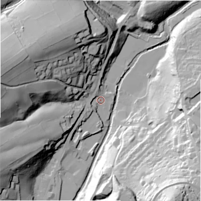 Shaded relief map of the ground around HD97RW, computed from Environment Agency LiDAR. The ground here sits at about 126 m above sea level and falls 84 m across the surrounding 800 m. Surface water reaching this point runs off ground lying to the west-north-west, 58.6 m higher.