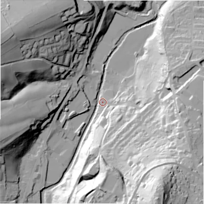 Shaded relief map of the ground around HD97RY, computed from Environment Agency LiDAR. The ground here sits at about 126 m above sea level and falls 93 m across the surrounding 800 m. Surface water reaching this point runs off ground lying to the south, 54.9 m higher.