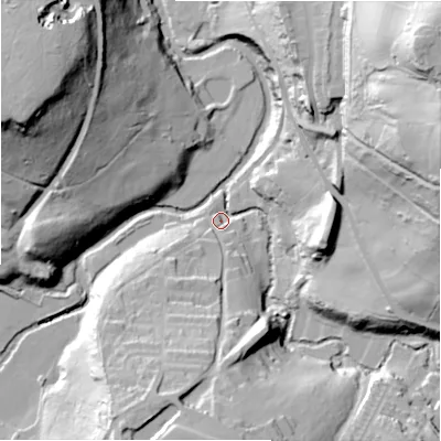 Shaded relief map of the ground around HD97RZ, computed from Environment Agency LiDAR. The ground here sits at about 119 m above sea level and falls 80 m across the surrounding 800 m. Surface water reaching this point runs off ground lying to the east-north-east, 69.3 m higher.