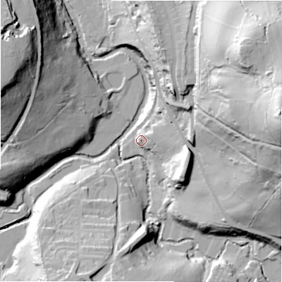 Shaded relief map of the ground around HD97TB, computed from Environment Agency LiDAR. The ground here sits at about 124 m above sea level and falls 101 m across the surrounding 800 m. Surface water reaching this point runs off ground lying to the east-north-east, 19.0 m higher.