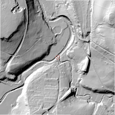 Shaded relief map of the ground around HD97TZ, computed from Environment Agency LiDAR. The ground here sits at about 118 m above sea level and falls 80 m across the surrounding 800 m. Surface water reaching this point runs off ground lying to the east, 67.5 m higher.