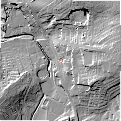 Shaded relief map of the ground around HG12BX, computed from Environment Agency LiDAR. The ground here sits at about 76 m above sea level and falls 40 m across the surrounding 800 m. Surface water reaching this point runs off ground lying to the east, 28.7 m higher.