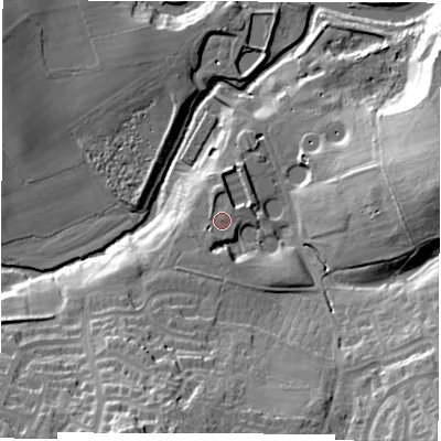 Shaded relief map of the ground around HG13EB, computed from Environment Agency LiDAR. The ground here sits at about 63 m above sea level and falls 37 m across the surrounding 800 m. Surface water reaching this point runs off ground lying to the south-west, 2.4 m higher.