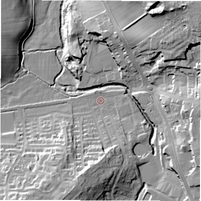 Shaded relief map of the ground around HG13HG, computed from Environment Agency LiDAR. The ground here sits at about 67 m above sea level and falls 42 m across the surrounding 800 m. Surface water reaching this point runs off ground lying to the south, 18.1 m higher.