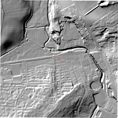 Shaded relief map of the ground around HG13HQ, computed from Environment Agency LiDAR. The ground here sits at about 67 m above sea level and falls 42 m across the surrounding 800 m. Surface water reaching this point runs off ground lying to the south-south-west, 27.4 m higher.