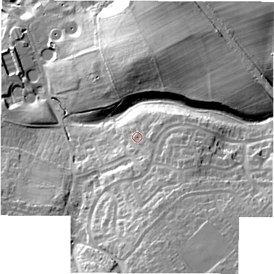 Shaded relief map of the ground around HG13LU, computed from Environment Agency LiDAR. The ground here sits at about 73 m above sea level and falls 40 m across the surrounding 800 m. Surface water reaching this point runs off ground lying to the south-south-east, 17.3 m higher.