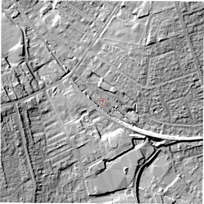 Shaded relief map of the ground around HG27JG, computed from Environment Agency LiDAR. The ground here sits at about 80 m above sea level and falls 22 m across the surrounding 800 m. Surface water reaching this point runs off ground lying to the north-east, 15.0 m higher.