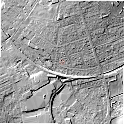 Shaded relief map of the ground around HG27JS, computed from Environment Agency LiDAR. The ground here sits at about 80 m above sea level and falls 22 m across the surrounding 800 m. Surface water reaching this point runs off ground lying to the north, 9.3 m higher.