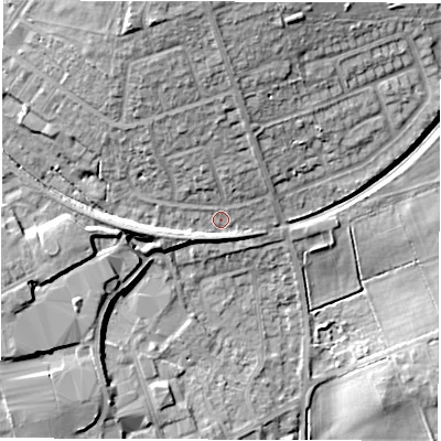 Shaded relief map of the ground around HG27JT, computed from Environment Agency LiDAR. The ground here sits at about 79 m above sea level and falls 22 m across the surrounding 800 m. Surface water reaching this point runs off ground lying to the north-north-west, 15.7 m higher.