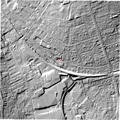 Shaded relief map of the ground around HG27LF, computed from Environment Agency LiDAR. The ground here sits at about 78 m above sea level and falls 22 m across the surrounding 800 m. Surface water reaching this point runs off ground lying to the north-north-east, 16.4 m higher.
