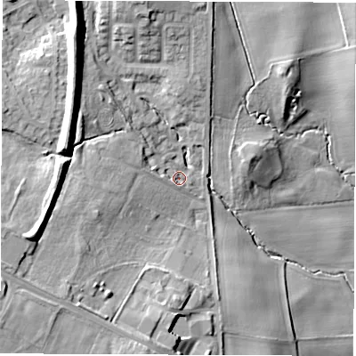 Shaded relief map of the ground around HG27TH, computed from Environment Agency LiDAR. The ground here sits at about 67 m above sea level and falls 30 m across the surrounding 800 m. Surface water reaching this point runs off ground lying to the west, 8.3 m higher.