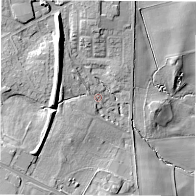 Shaded relief map of the ground around HG27TL, computed from Environment Agency LiDAR. The ground here sits at about 68 m above sea level and falls 30 m across the surrounding 800 m. Surface water reaching this point runs off ground lying to the west-south-west, 17.7 m higher.
