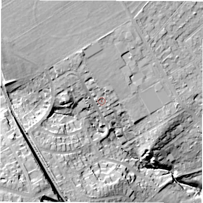 Shaded relief map of the ground around HG28HY, computed from Environment Agency LiDAR. The ground here sits at about 117 m above sea level and falls 35 m across the surrounding 800 m. Surface water reaching this point runs off ground lying to the north-north-west, 8.0 m higher.