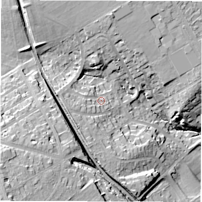 Shaded relief map of the ground around HG28HZ, computed from Environment Agency LiDAR. The ground here sits at about 115 m above sea level and falls 37 m across the surrounding 800 m. Surface water reaching this point runs off ground lying to the west-south-west, 7.6 m higher.