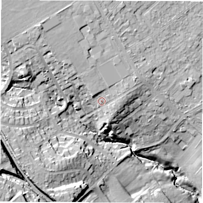 Shaded relief map of the ground around HG28PX, computed from Environment Agency LiDAR. The ground here sits at about 115 m above sea level and falls 35 m across the surrounding 800 m. Surface water reaching this point runs off ground lying to the north, 6.1 m higher.