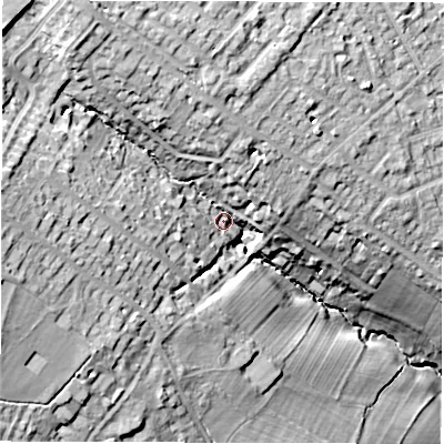 Shaded relief map of the ground around HG29PD, computed from Environment Agency LiDAR. The ground here sits at about 136 m above sea level and falls 41 m across the surrounding 800 m. Surface water reaching this point runs off ground lying to the west, 25.3 m higher.