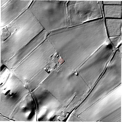 Shaded relief map of the ground around HG31AB, computed from Environment Agency LiDAR. The ground here sits at about 53 m above sea level and falls 28 m across the surrounding 800 m. Surface water reaching this point runs off ground lying to the west-south-west, 7.2 m higher.