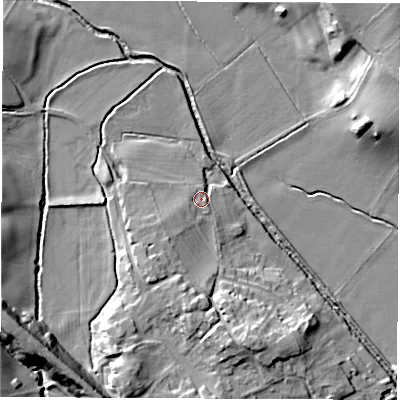 Shaded relief map of the ground around HG31AL, computed from Environment Agency LiDAR. The ground here sits at about 37 m above sea level and falls 23 m across the surrounding 800 m. Surface water reaching this point runs off ground lying to the south-west, 8.9 m higher.
