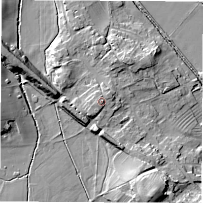 Shaded relief map of the ground around HG31BA, computed from Environment Agency LiDAR. The ground here sits at about 46 m above sea level and falls 24 m across the surrounding 800 m. Surface water reaching this point runs off ground lying to the west-south-west, 2.5 m higher.