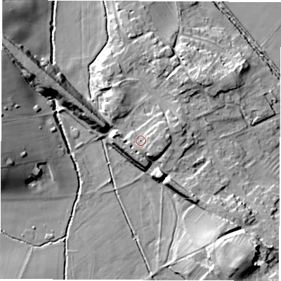 Shaded relief map of the ground around HG31BZ, computed from Environment Agency LiDAR. The ground here sits at about 46 m above sea level and falls 25 m across the surrounding 800 m. Surface water reaching this point runs off ground lying to the south-west, 3.2 m higher.