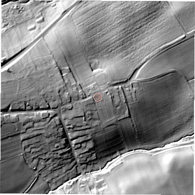Shaded relief map of the ground around HG31DT, computed from Environment Agency LiDAR. The ground here sits at about 74 m above sea level and falls 38 m across the surrounding 800 m. Surface water reaching this point runs off ground lying to the west, 5.3 m higher.