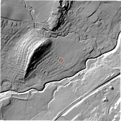 Shaded relief map of the ground around HG31EL, computed from Environment Agency LiDAR. The ground here sits at about 89 m above sea level and falls 34 m across the surrounding 800 m. Surface water reaching this point runs off ground lying to the west-north-west, 25.1 m higher.